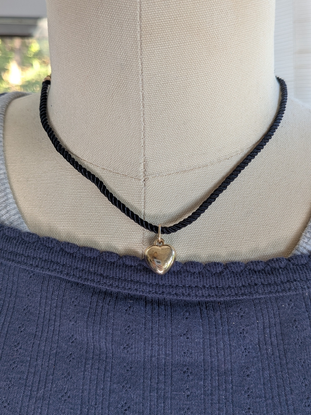 Gold Tone Puffy Heart Charm Black Twisted Rope Cord Choker Necklace